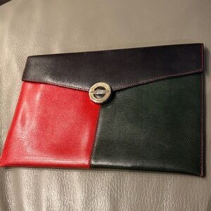Pourchet Paris lizard skin red, black  and Green Envelope Clutch bag (vintage)